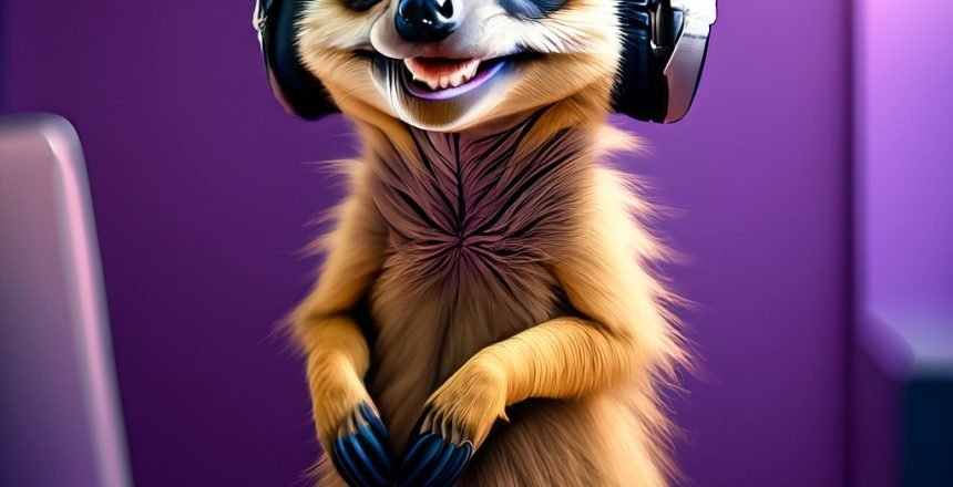 Firefly_A+very realistic and detailed meerkat smiling with headphones and a laptop in a purple office_40022